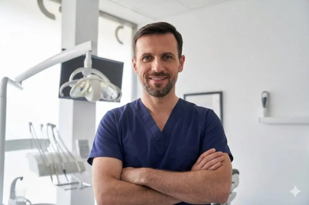 A friendly male dentist smiling with arms crossed in front of modern equipment in a bright dental office