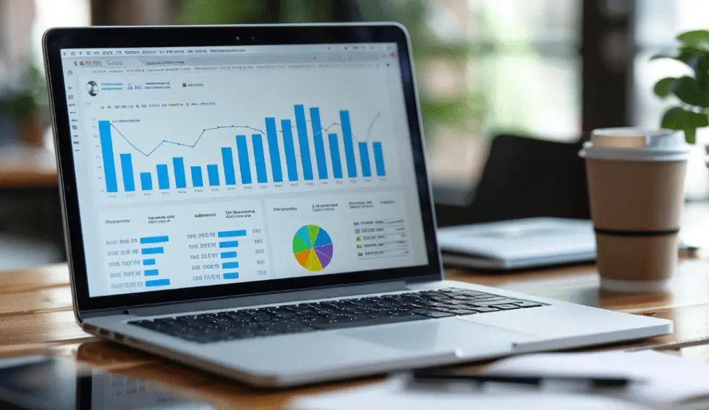 Laptop showing data analytics dashboard with bar and pie charts