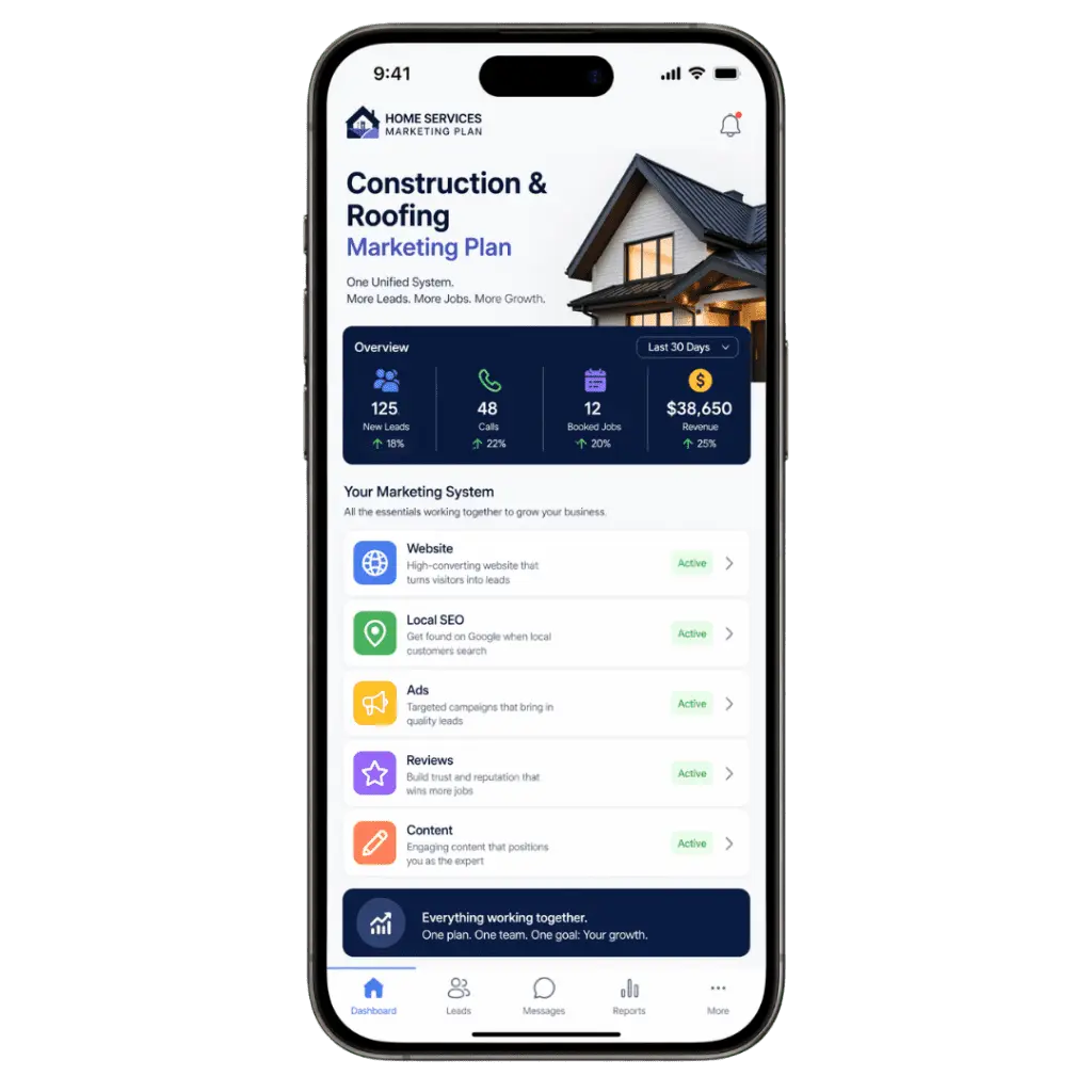 Smartphone displaying construction and roofing marketing plan mobile dashboard