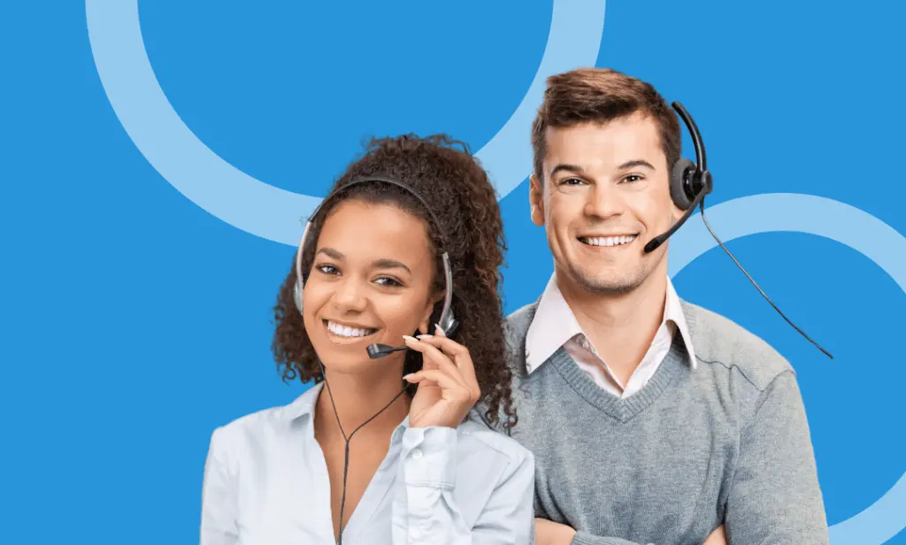 Male and female telemarketing customer support operators wearing headset microphones