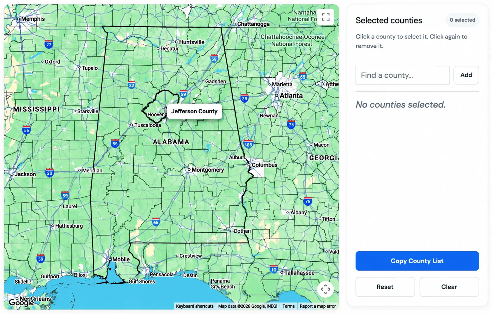 Alabama county selector tool map showing interactive county selection across the state