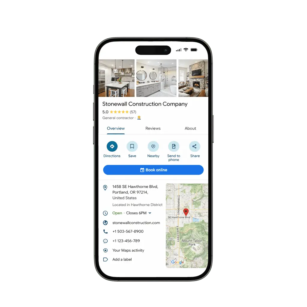 Smartphone screen showing Google Maps business listing for Stonewall Construction Company