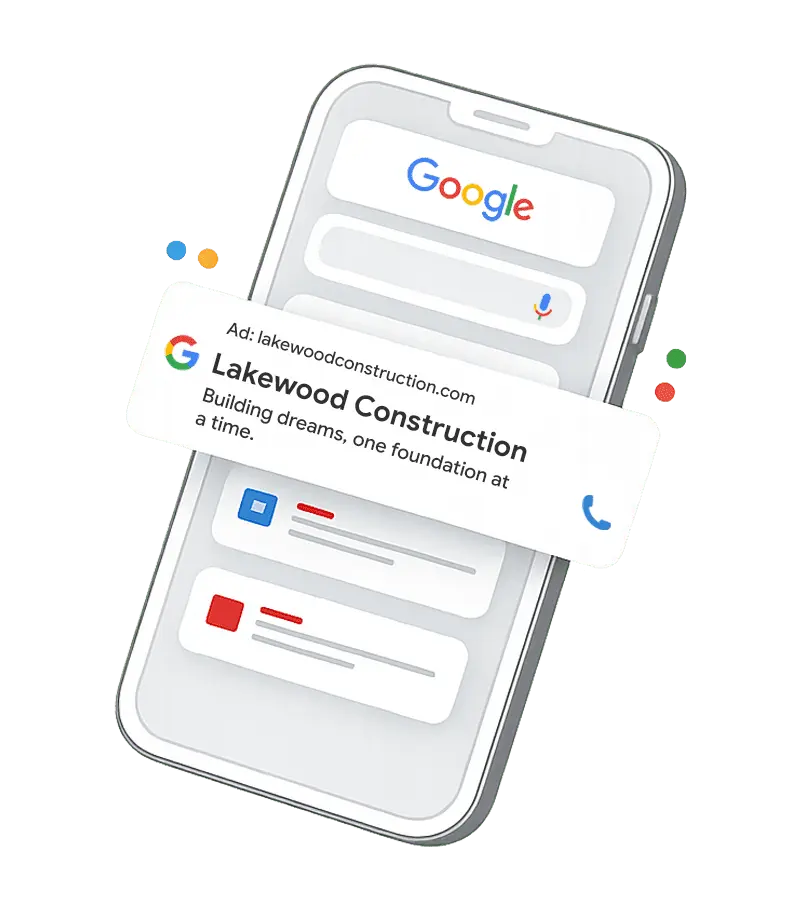 Angled smartphone screen showing Google search ad for Lakewood Construction