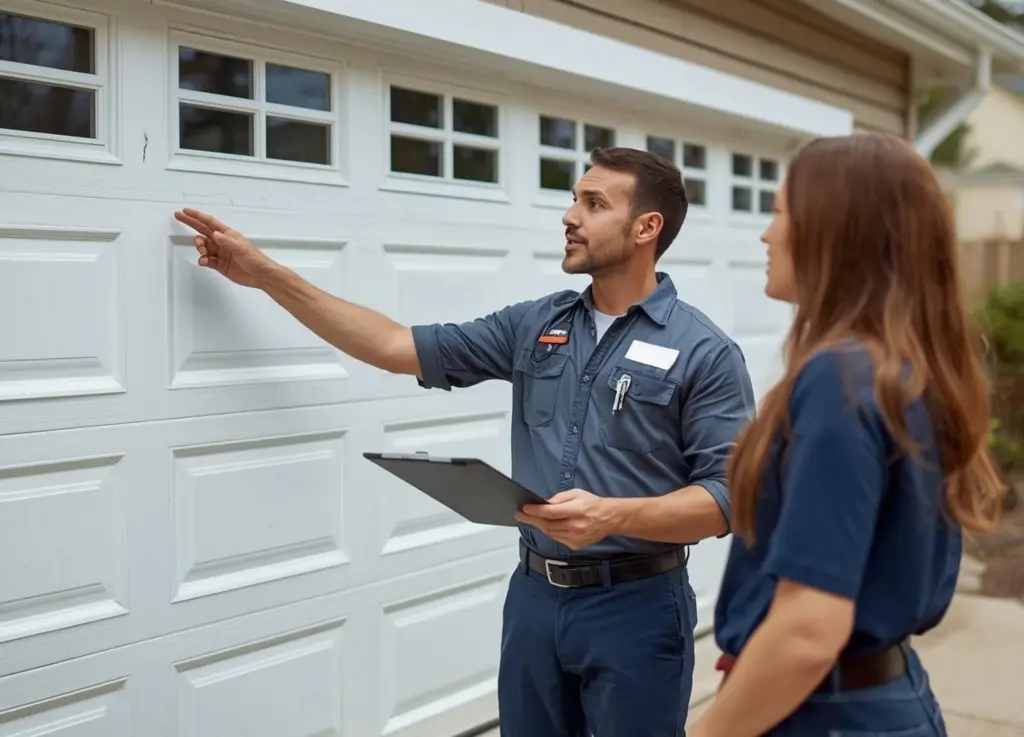 garage door technician holding a clipboard and pointing out a repair issue to a homeowner in front of a white panel garage door