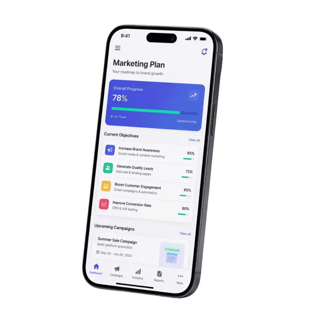 Mobile smartphone screen tracking general marketing plan strategic objectives progress