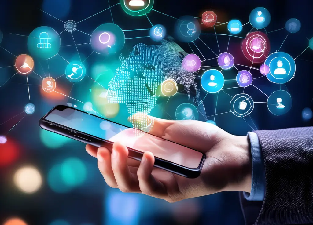 person holding a smartphone with a digital holographic globe and a network of social media icons connecting above it