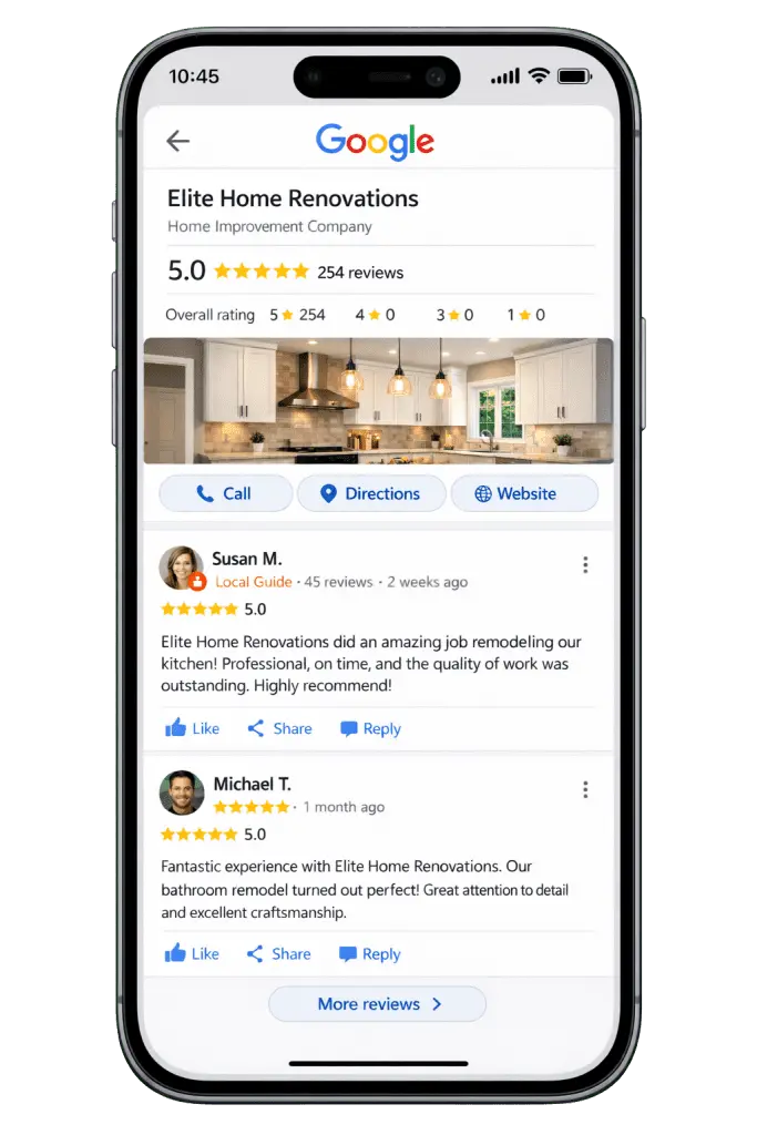 Smartphone screen showing five star Google reviews for Elite Home Renovations