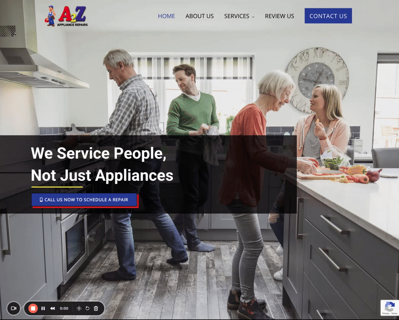 A to Z Appliance Repair local service website homepage layout