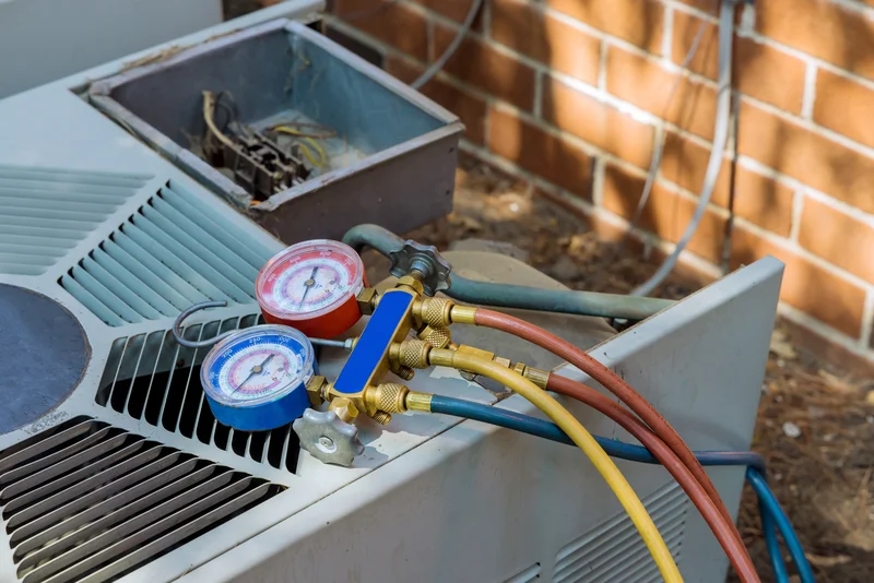 HVAC unit with attached pressure gauges and colorful hoses near a brick wall.