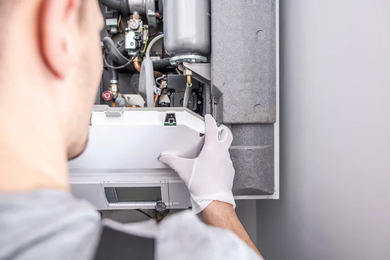 closeup hands checking furnace components
