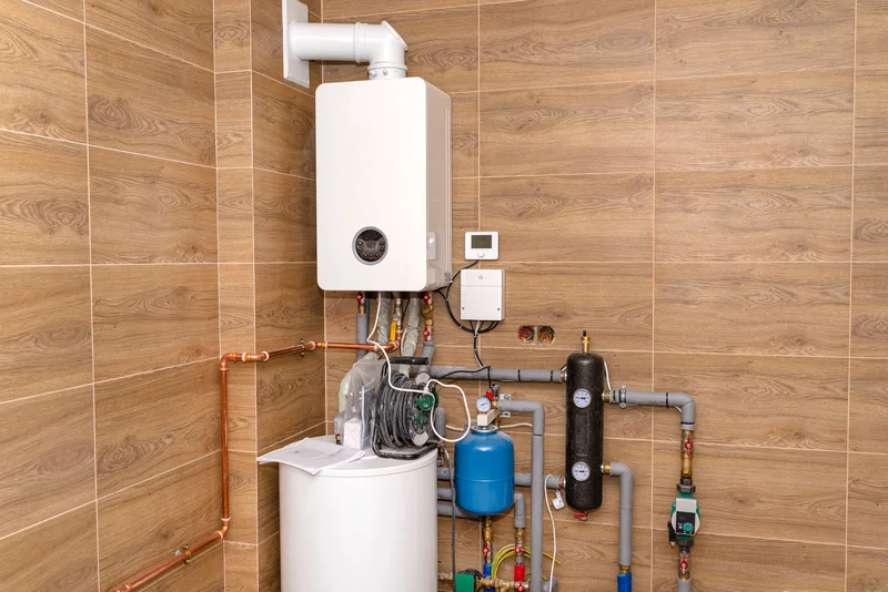 gas boiler water heater mounted on wooden wall