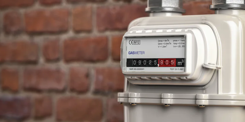 gas meter closeup mounted on brick wall