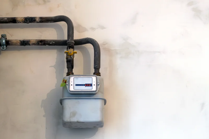 gas meter on white wall with black pipes