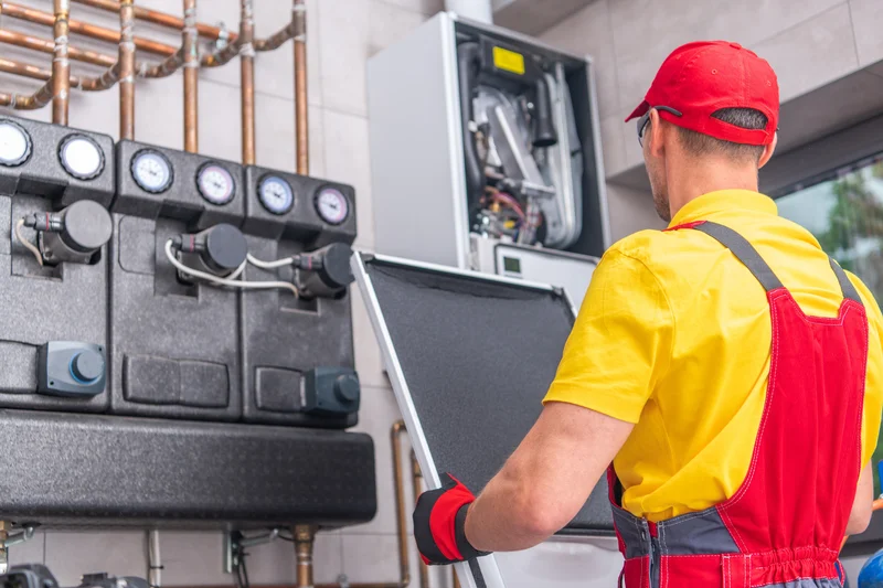 gas technician red overalls servicing boiler panel