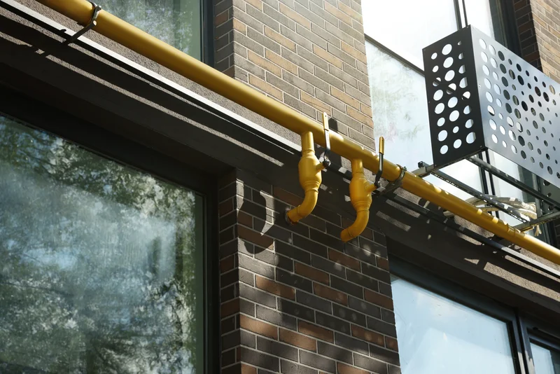 gas yellow supply pipe on building exterior wall