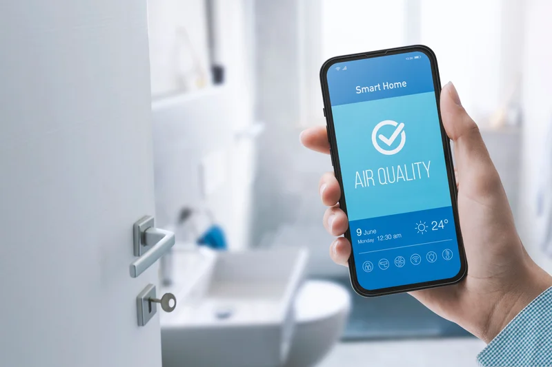 Person holding phone and using air quality monitoring app