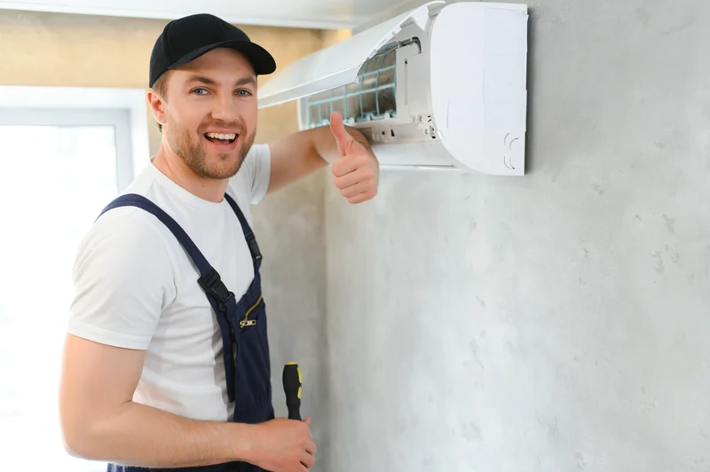 smiling technician installing wall mounted mini split