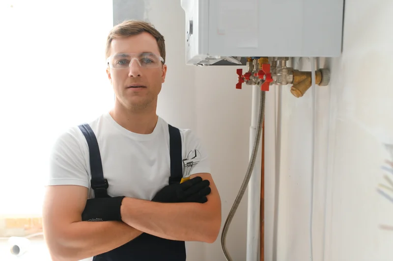 confident plumber arms crossed near heater pipes