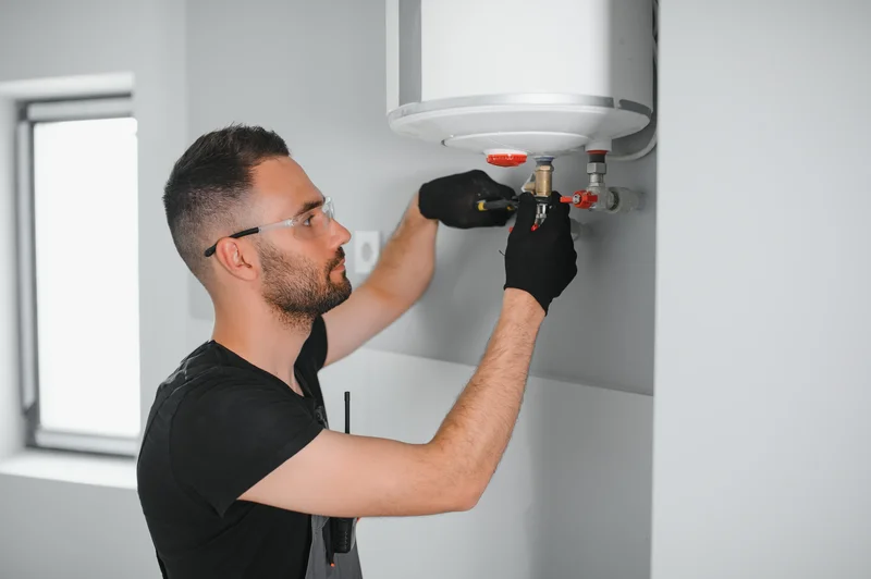 man fixing a water heater