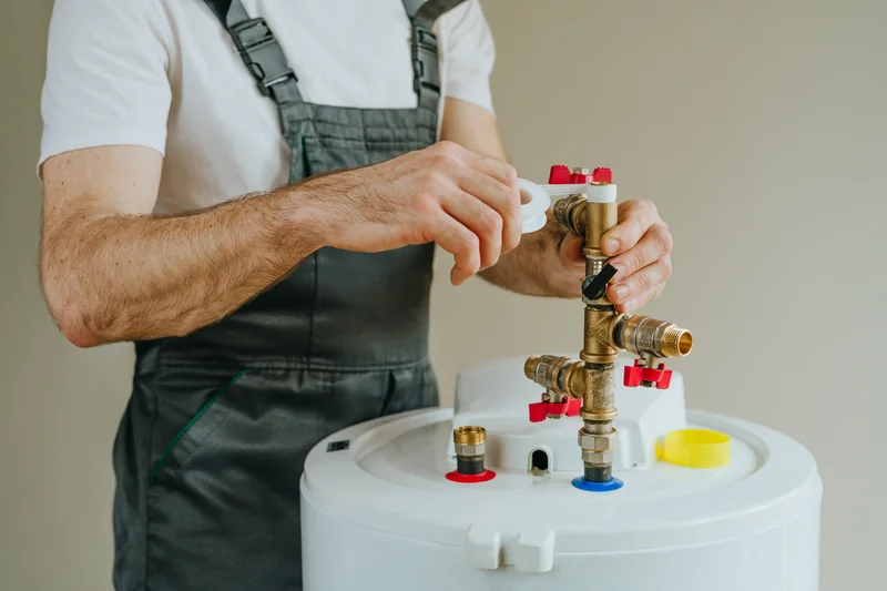 plumber working on pipes of a water heater tank