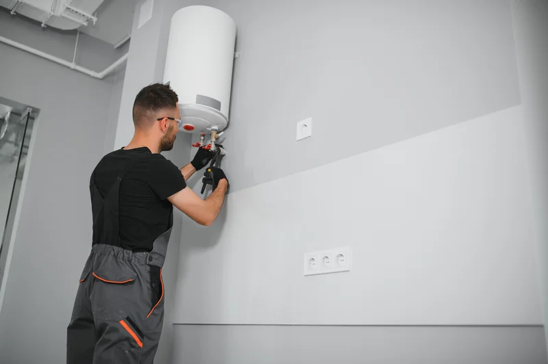 water heater worker using tool on wall mounted unit