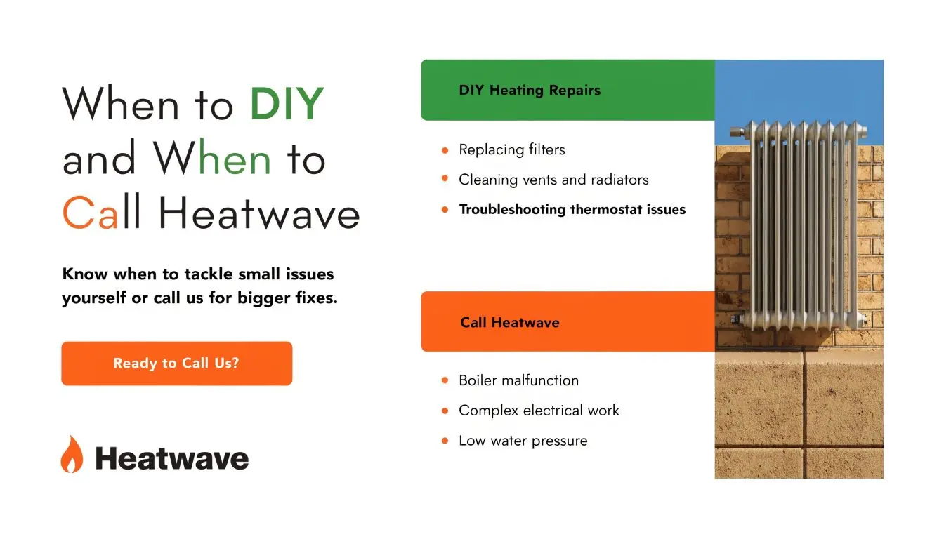 A Heatwave company infographic showing when to perform DIY heating repairs versus when to call professionals.