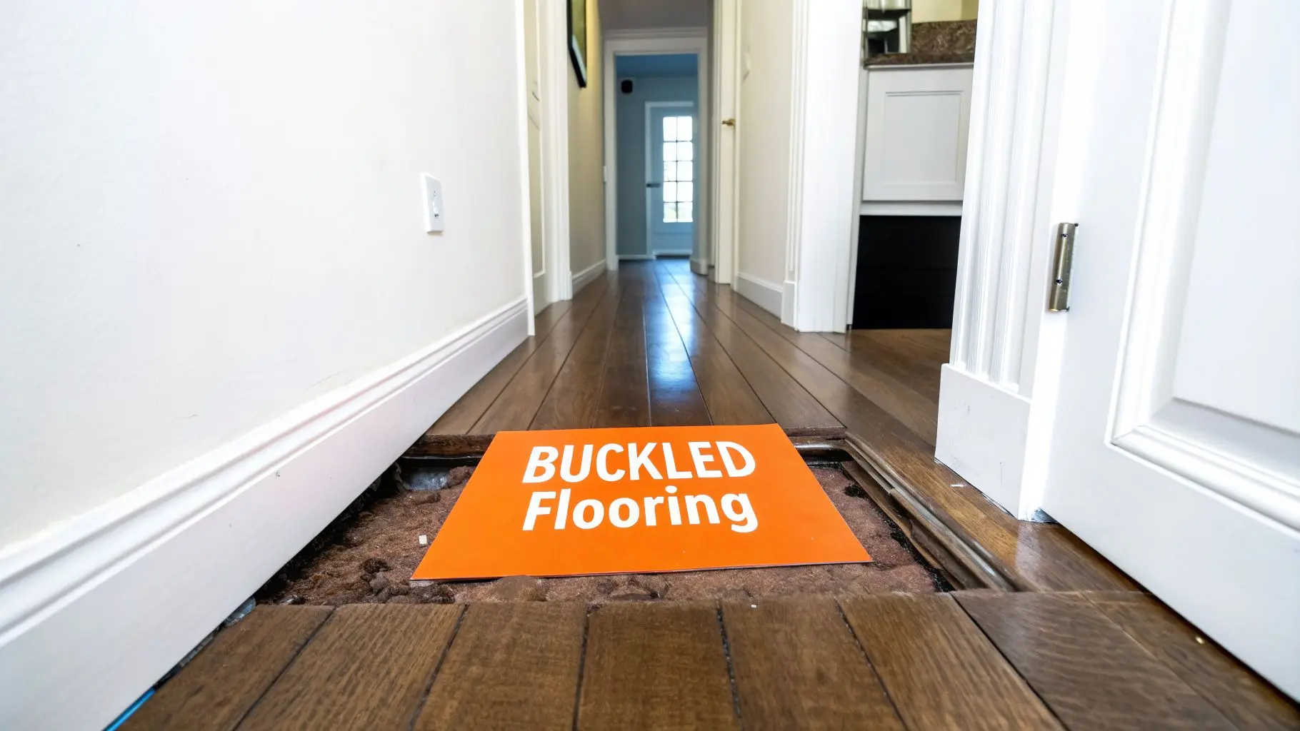 Orange 'BUCKLED Flooring' sign on a damaged wooden floor in a home hallway.