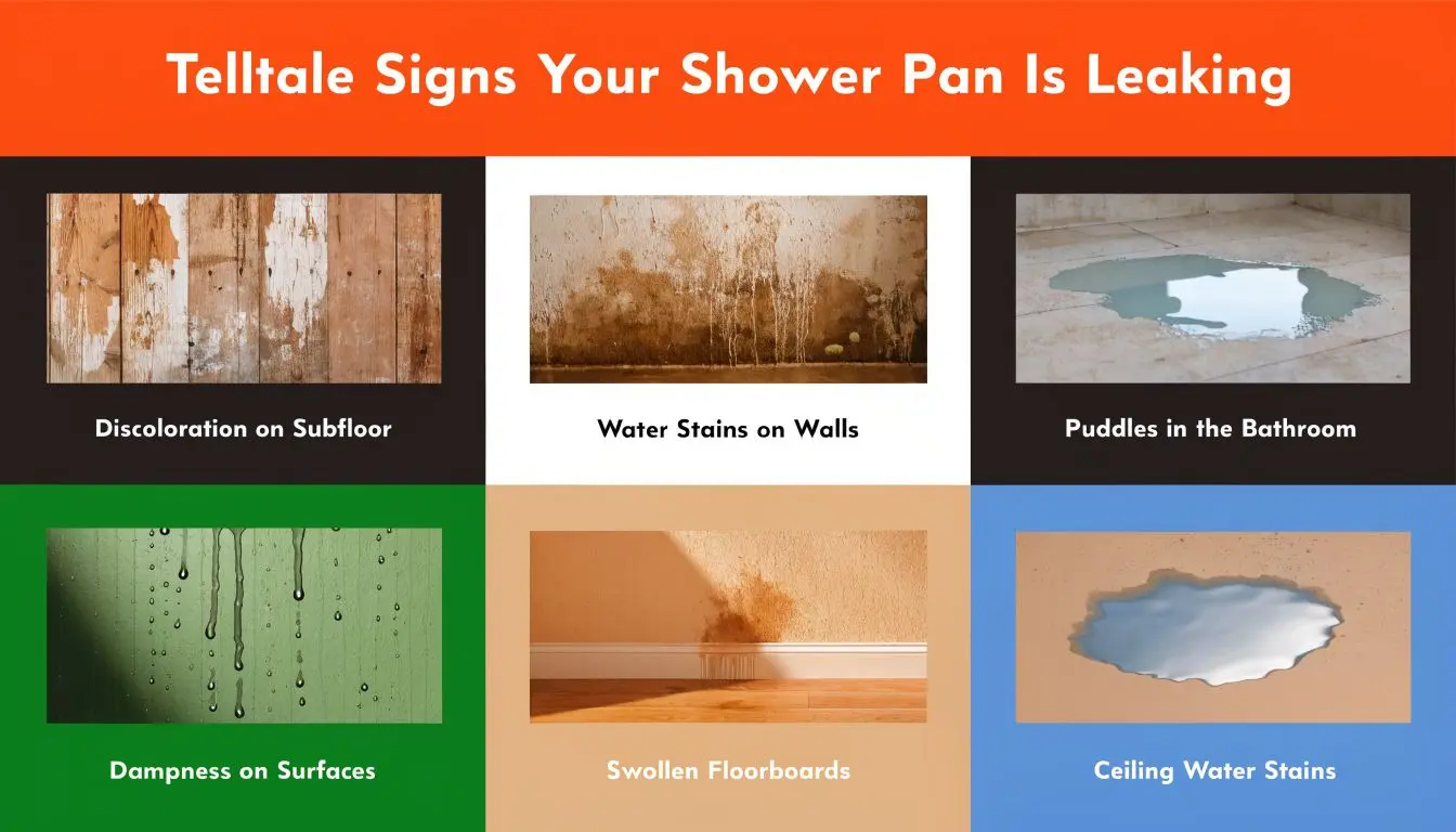 A visual guide showing six common signs of a leaking shower pan including stains and water damage.