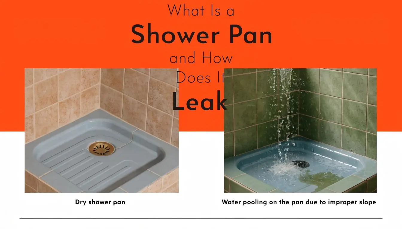 A split image showing a dry shower pan on the left and a leaking shower pan with water pooling on the right.