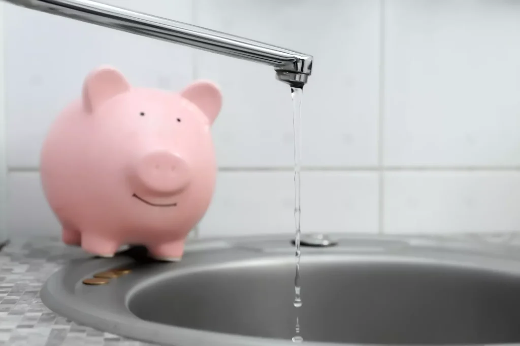 piggy bank next to running water
