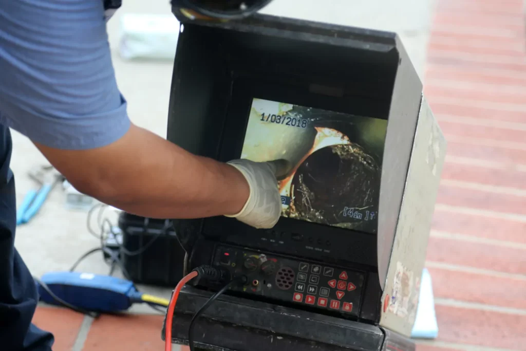 snake camera checks the inside of a sewer drain