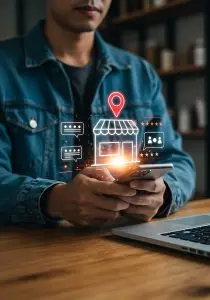 man using smartphone app for online shopping and customer reviews for a local business
