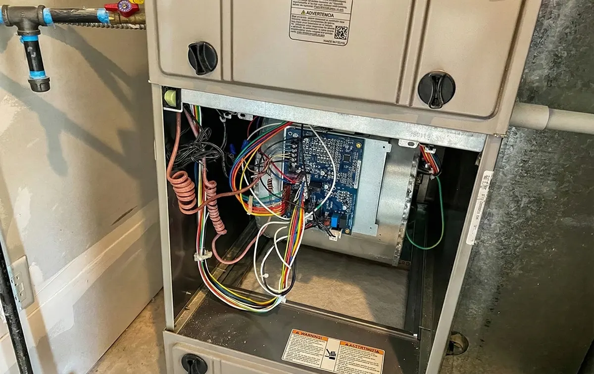 Exposed furnace components being inspected