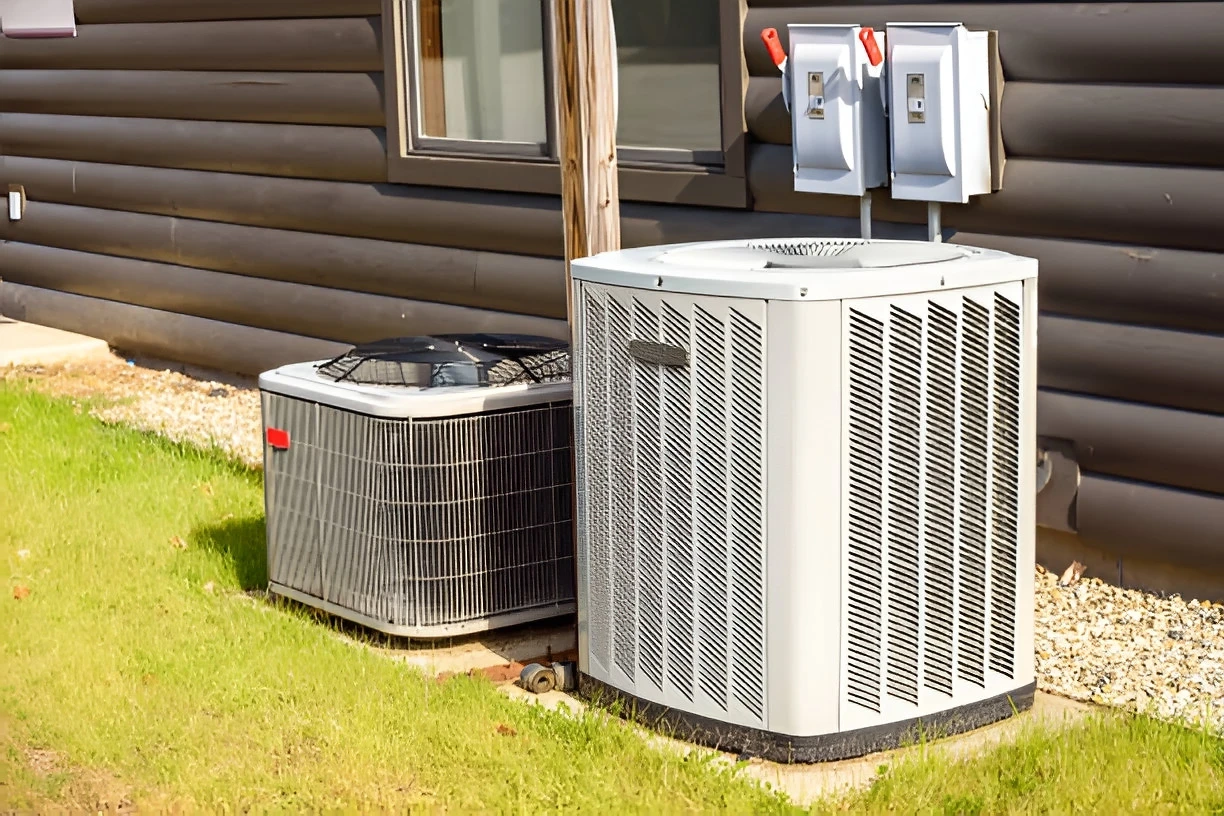 Outdoor heat pump unit beside residential home