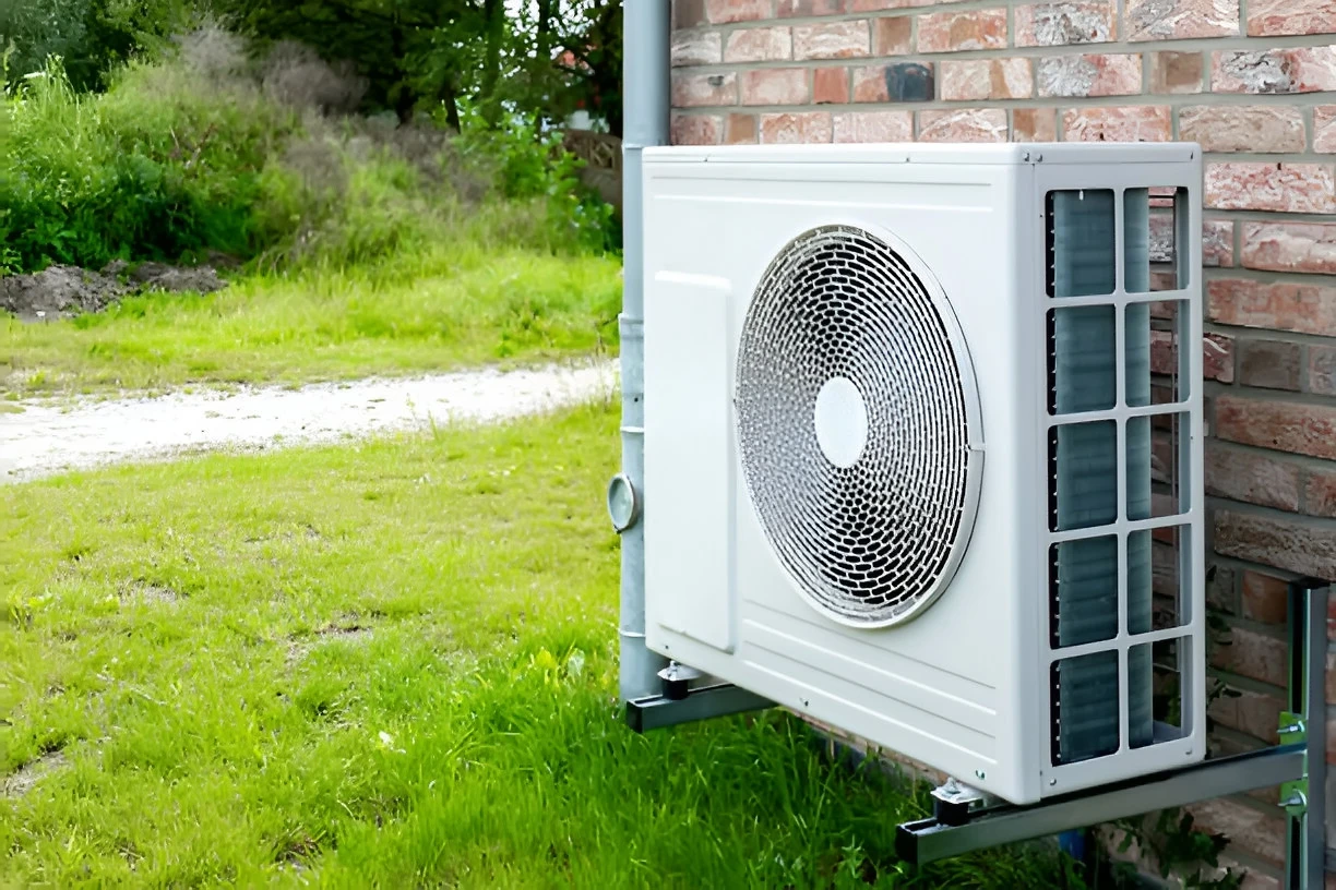 Central air conditioning condenser unit installed outdoors