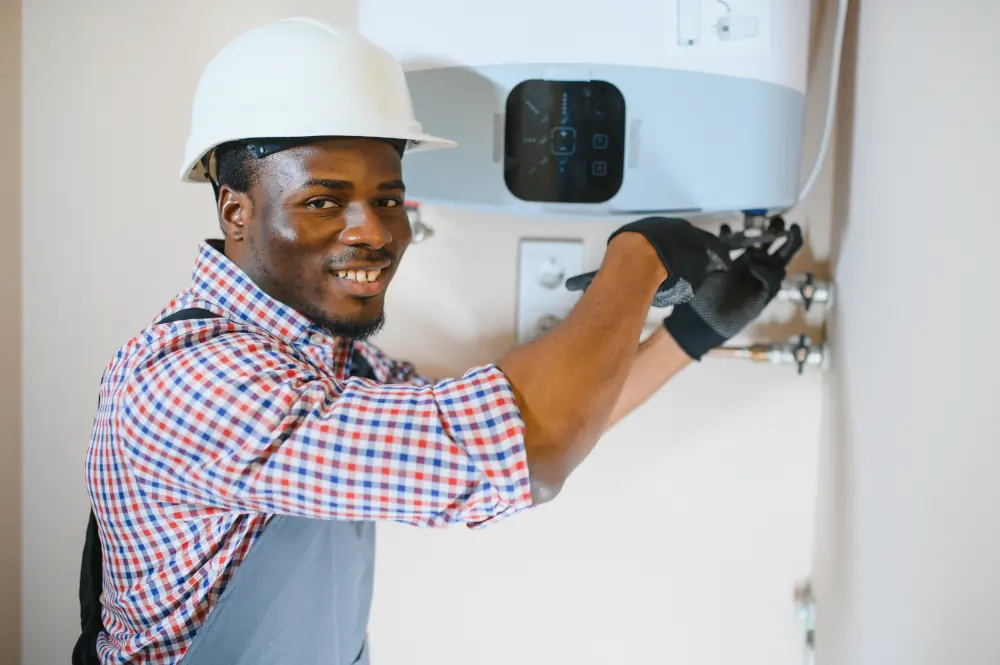 Technician installing boiler