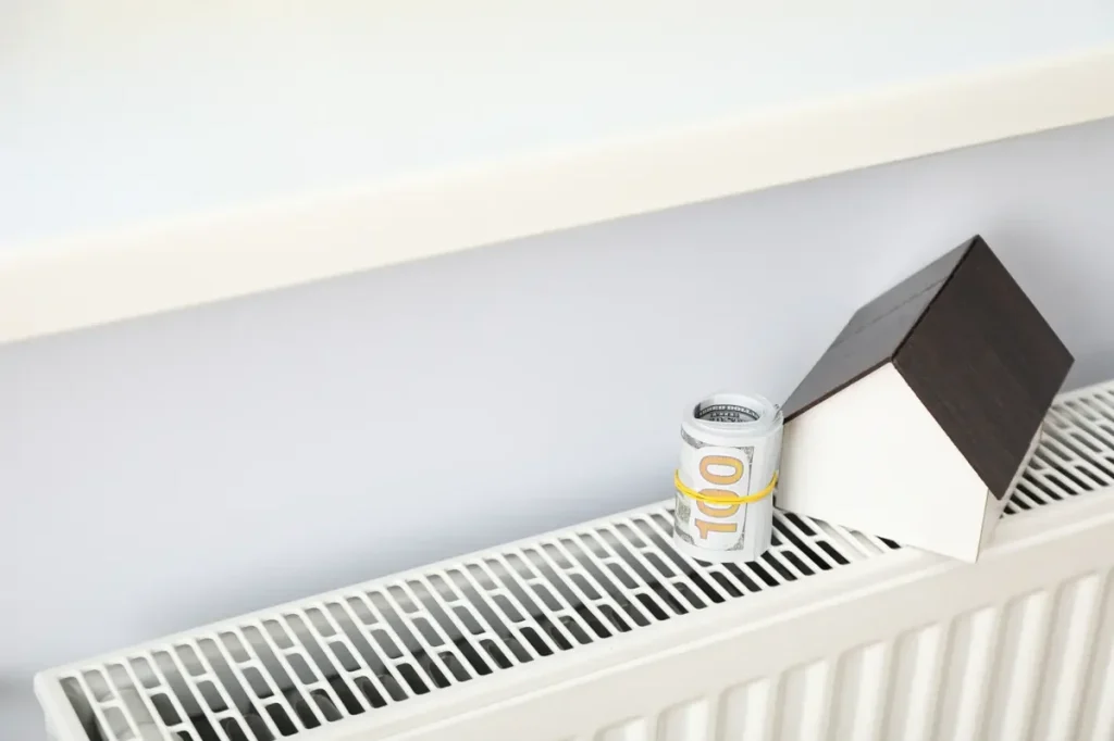Money and a house model on top of a radiator