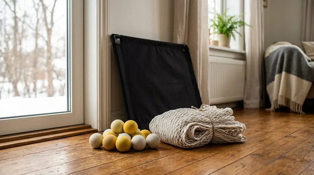 Yellow and white lacrosse balls, a coiled white goal net and a black shooting target panel arranged on a wooden floor in winter daylight.