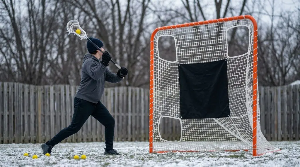 A teenage lacrosse player shoots at an orange backyard goal with a black centre target on a snowy winter afternoon.
