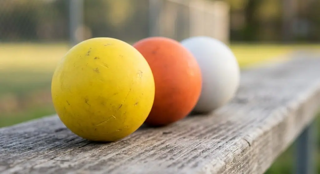 Three lacrosse balls in yellow, orange and white resting on a wooden bench, photographed close up so the matte solid rubber surface texture is clearly visible.