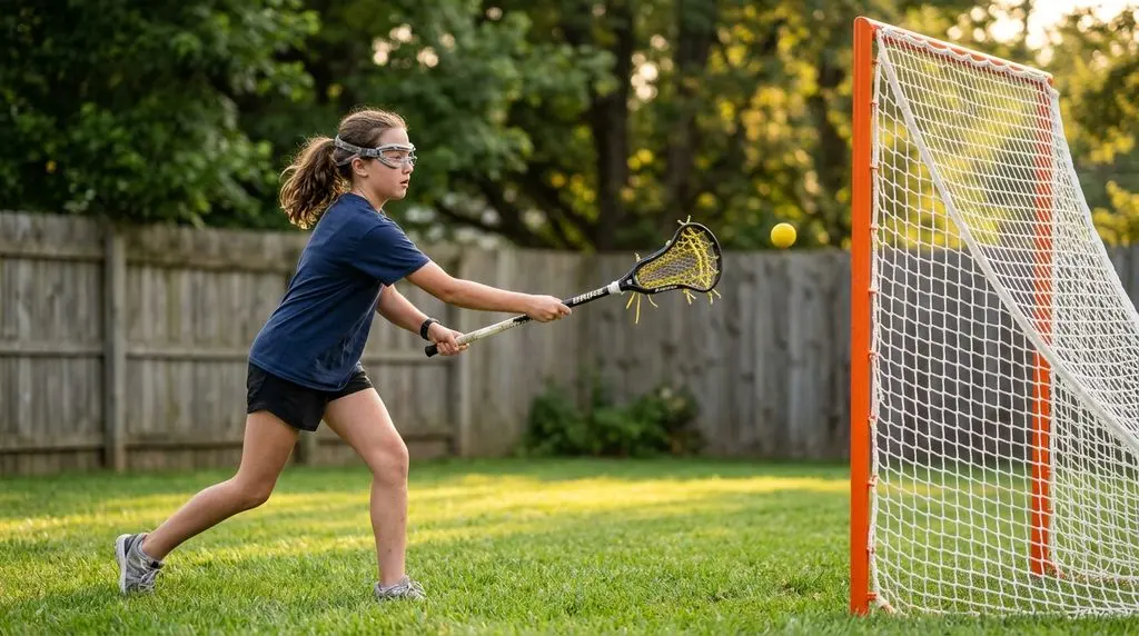 A young girls' lacrosse player shoots a yellow ball at an orange backyard lacrosse goal at sunset.