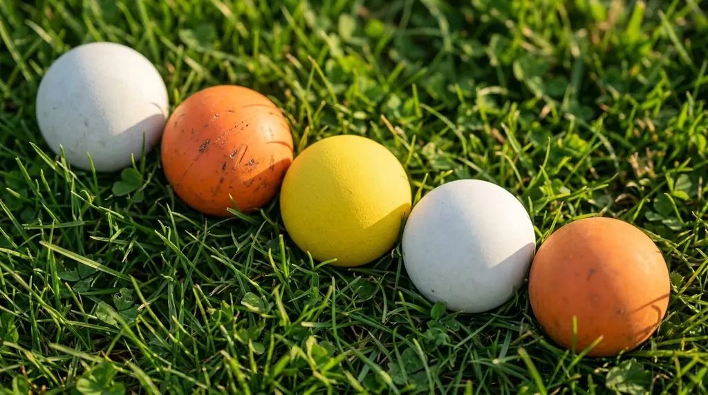 Yellow, white and orange lacrosse balls lying in a row on grass in late afternoon light, with the yellow ball closest to the camera.
