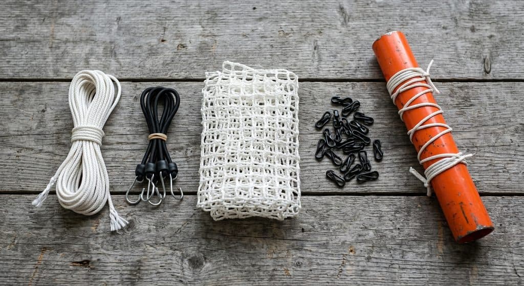 A coil of white lacing cord, black bungee fasteners, folded white netting and small metal clips laid out on workshop wood beside a short length of orange steel goal pipe.