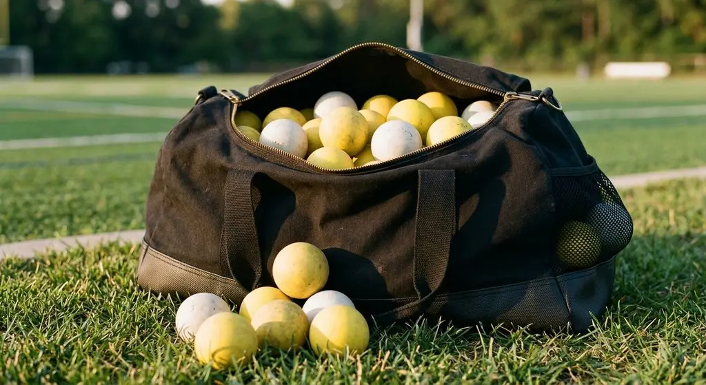 An open black canvas lacrosse ball bag packed with yellow and white balls on grass, with a reinforced base and heavy zipper visible and a few balls spilled in front.