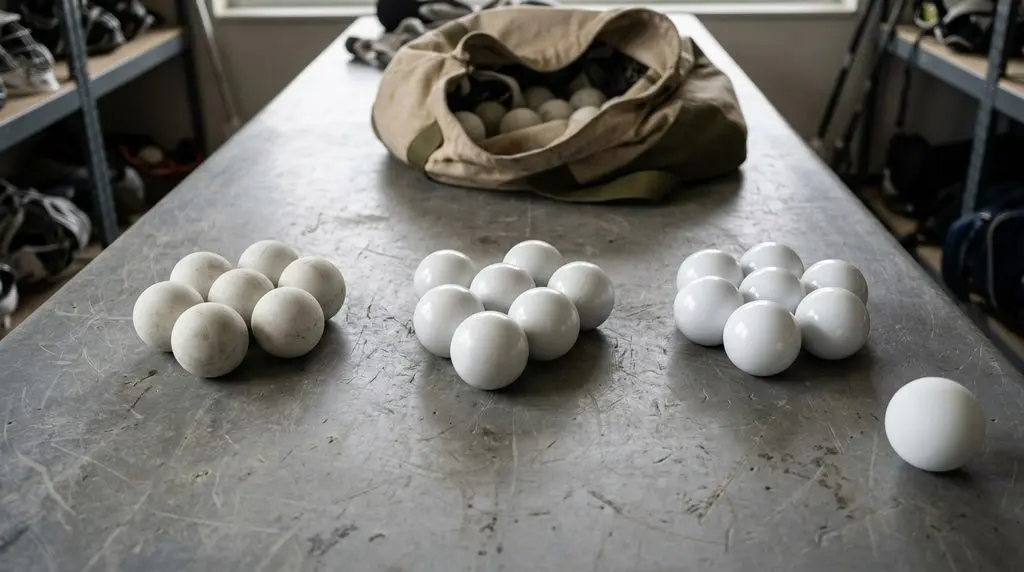 Around twenty lacrosse balls sorted into three groups on a table by surface condition, from matte to glossy, with one new ball set apart as a comparison.
