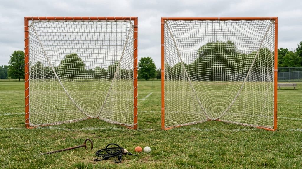Two orange lacrosse goals side by side on grass, one with thin tubing and a slack net and one with heavy steel tube and taut white laced netting, with a ground anchor and bungee cord in the foreground.