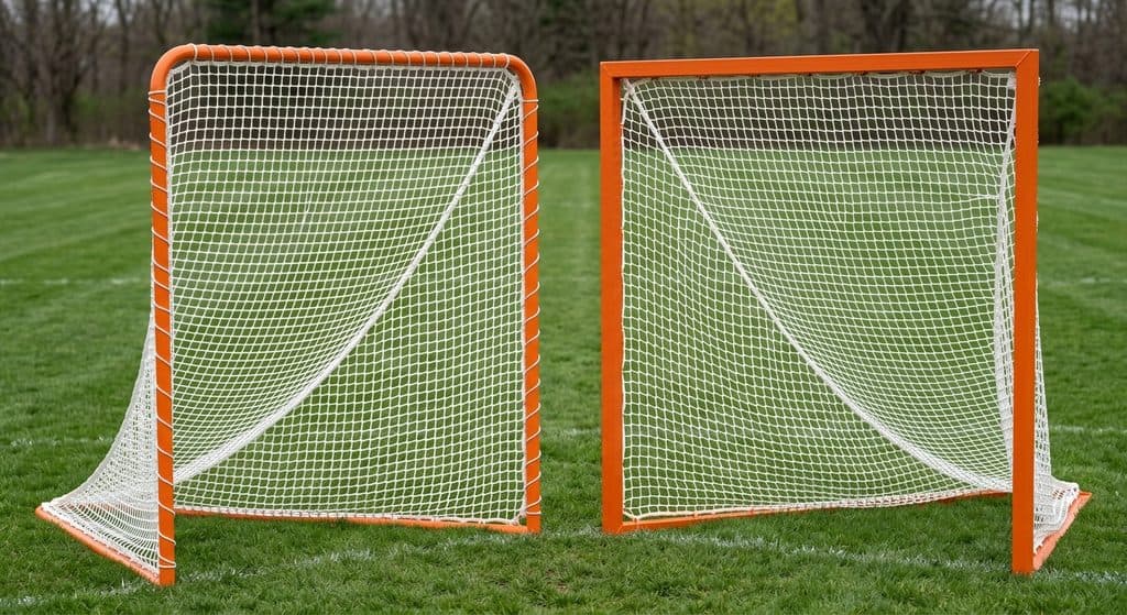Two lacrosse goals side by side showing the difference in build: a lighter orange frame with rounded corners and white cord wrap on the left, a heavier frame with square welded corners on the right.