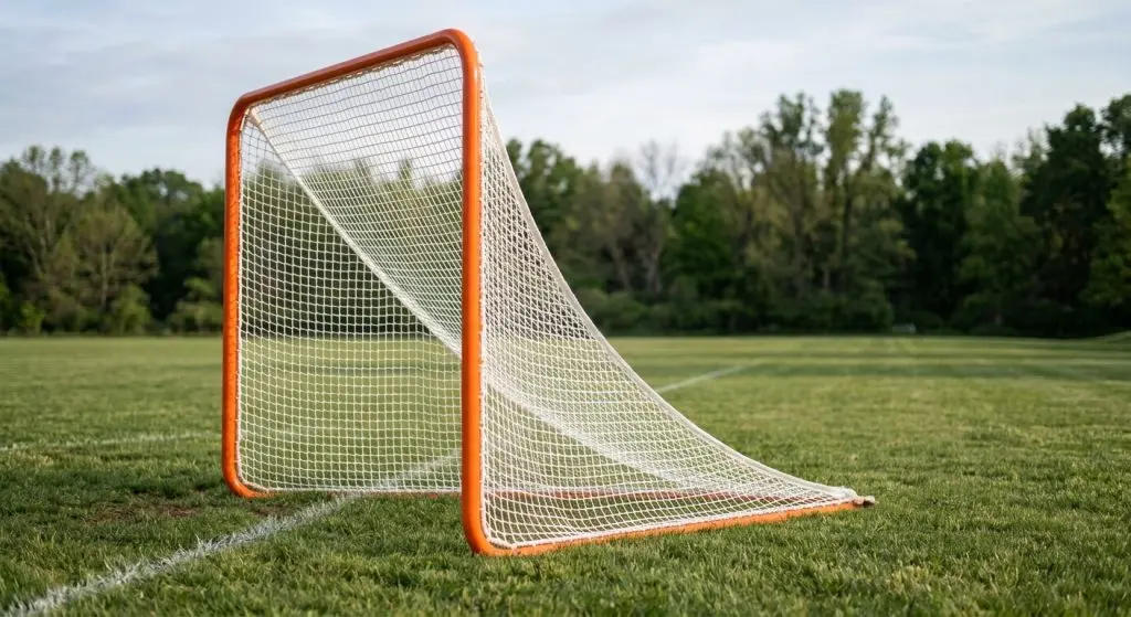 Side view of a regulation 6x6 lacrosse goal with an orange steel frame and white net, showing the netting running back from the goal line and anchored to the ground behind it.