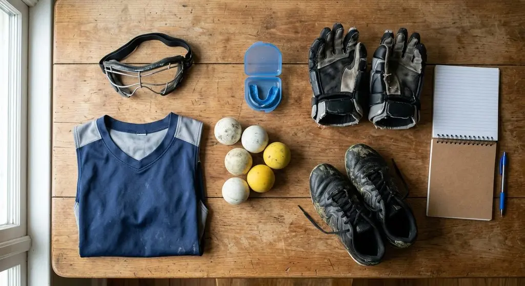 A youth lacrosse player's used kit laid out on a kitchen table — cleats, gloves, goggles, a mouthguard case, a folded jersey and scuffed balls — beside a notebook and pen.