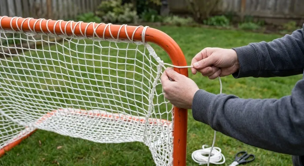 Hands threading white lacing cord through a square-mesh net and around the rounded top corner of an orange steel lacrosse goal frame, with the net taut along the crossbar and still loose below.